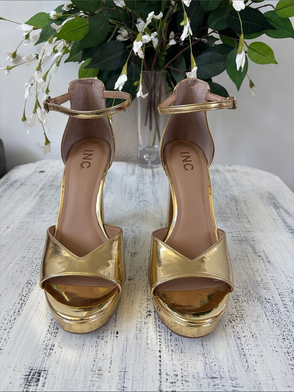 INC International Concepts Metallic Gold Platform Ankle-Strap Sandals